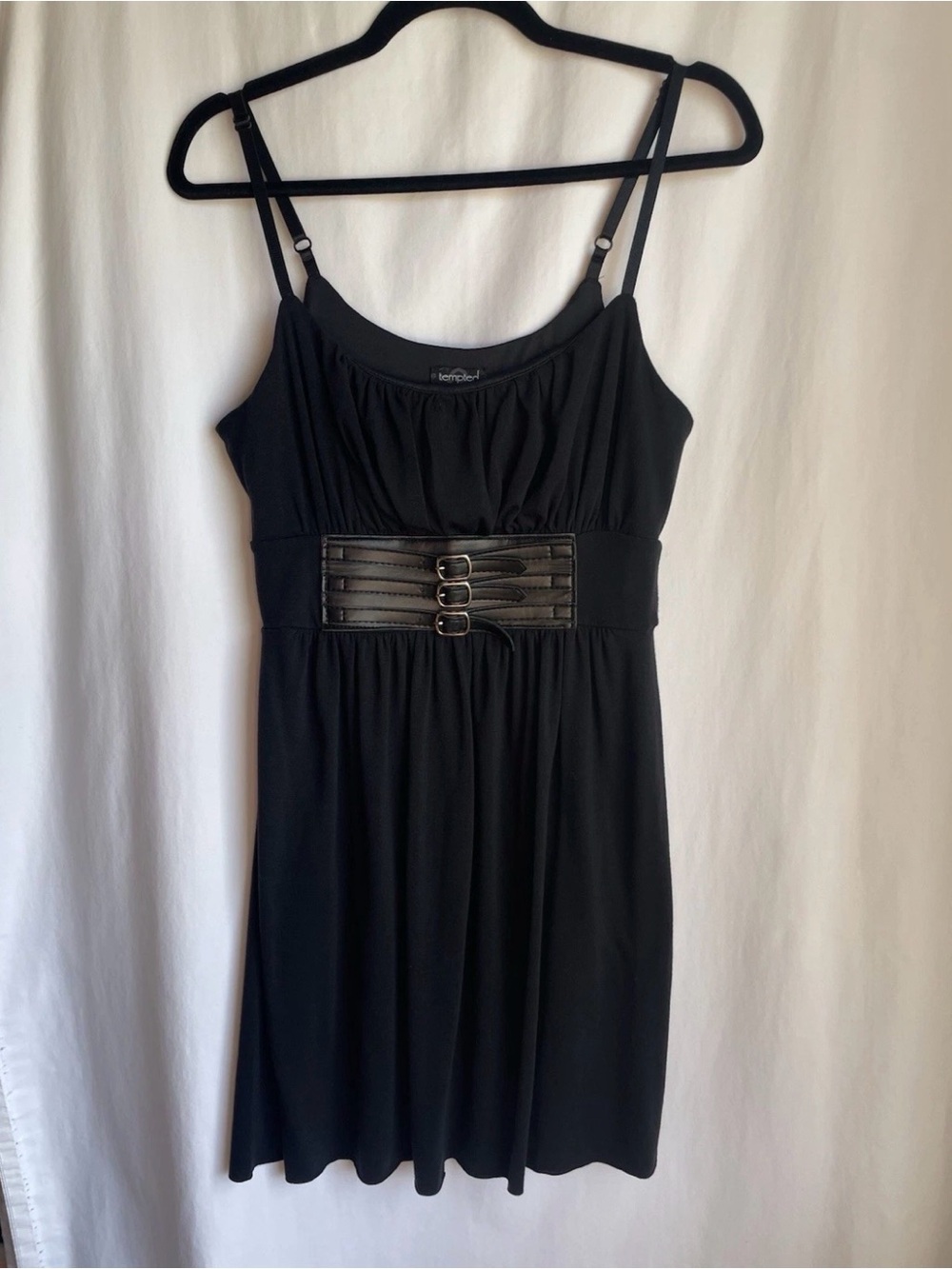 Tempted Black Spaghetti-Strap Mini Dress with Buckled Waist Y2K